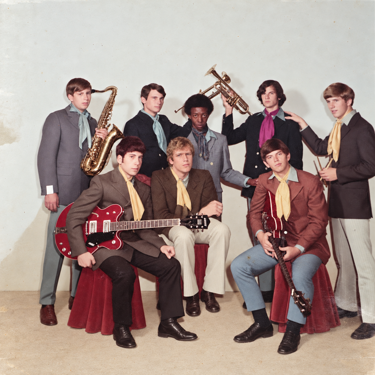 The restored color band photograph with a younger Clint seated in the lower middle and its original background extended to a square
