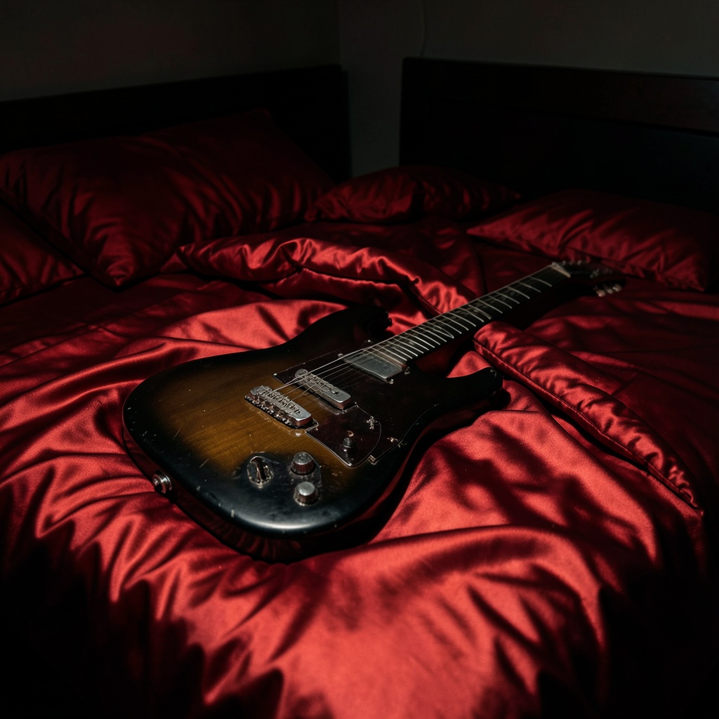 Electric guitar resting on deep red fabric